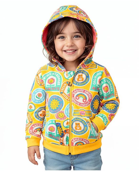 Babyhug Cotton Knit Full Sleeves Hooded Sweatjacket with Text Print & Kangaroo Pocket - Yellow