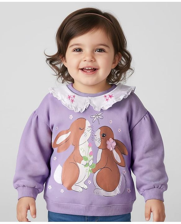 Babyhug Cotton Knit Full Sleeves Sweatshirt with Bunny Print & Floral Applique - Purple