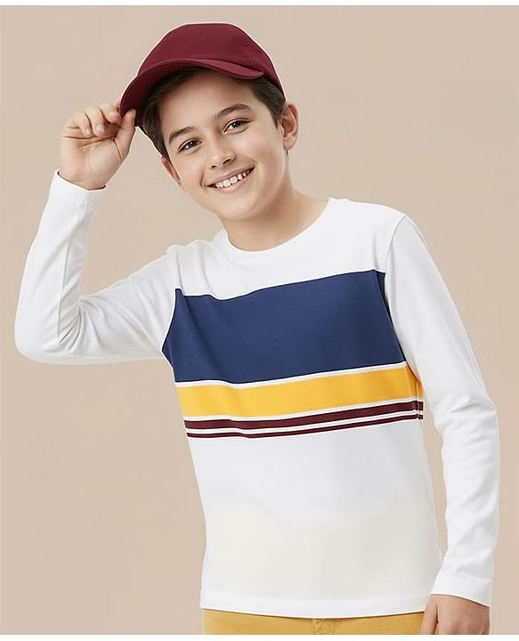Pine Kids Cotton Knit Full Sleeves T-Shirt With Stripes - White & Navy Blue