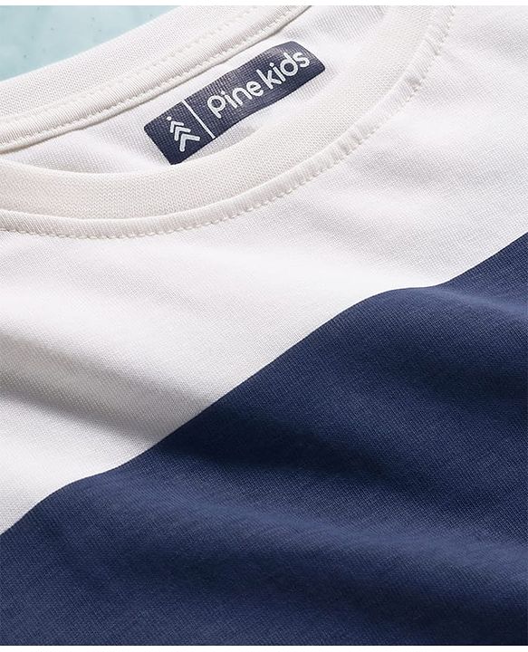 Pine Kids Cotton Knit Full Sleeves T-Shirt With Stripes - White & Navy Blue
