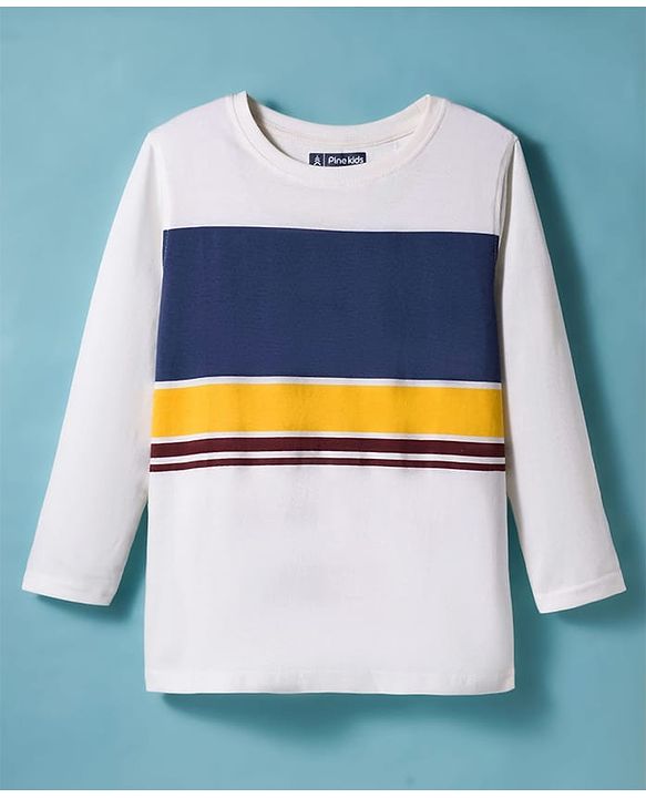 Pine Kids Cotton Knit Full Sleeves T-Shirt With Stripes - White & Navy Blue