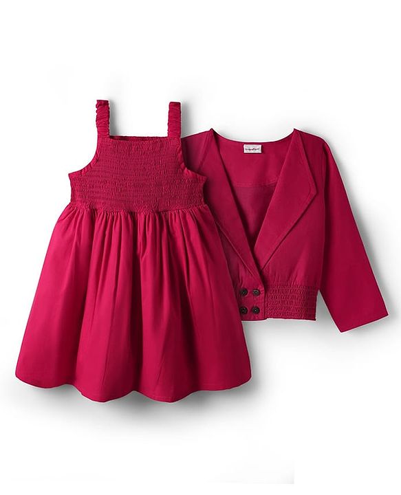 Babyhug 100% Cotton Full Sleeves Solid Coloured Frock With Blazer Style Jacket - Dark Pink