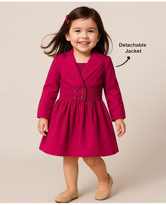 Babyhug 100% Cotton Full Sleeves Solid Coloured Frock With Blazer Style Jacket - Dark Pink