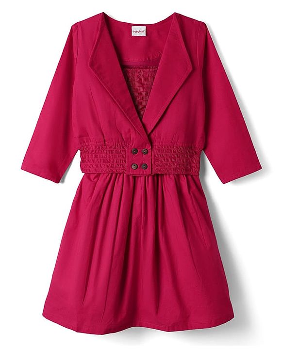 Babyhug 100% Cotton Full Sleeves Solid Coloured Frock With Blazer Style Jacket - Dark Pink