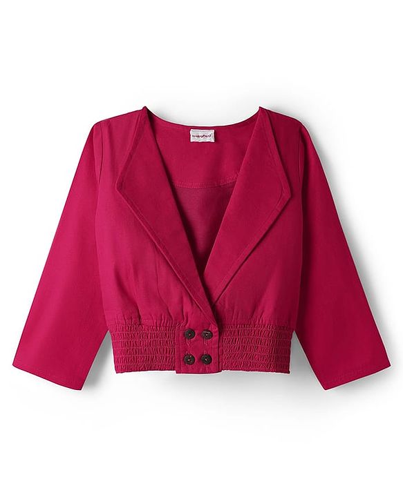 Babyhug 100% Cotton Full Sleeves Solid Coloured Frock With Blazer Style Jacket - Dark Pink