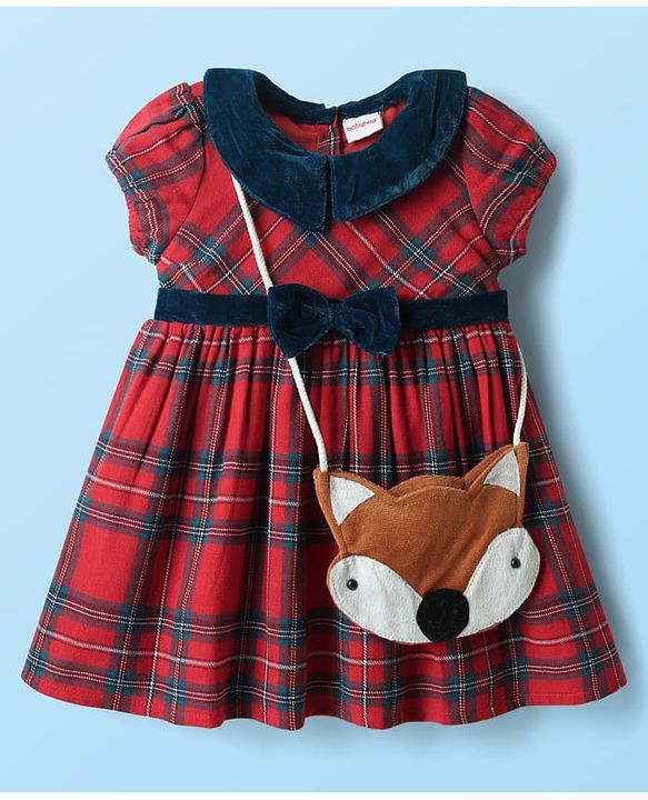 Babyhug Cotton Woven Collar Neck Half Sleeves Checkered Frock With Sling Bag - Red