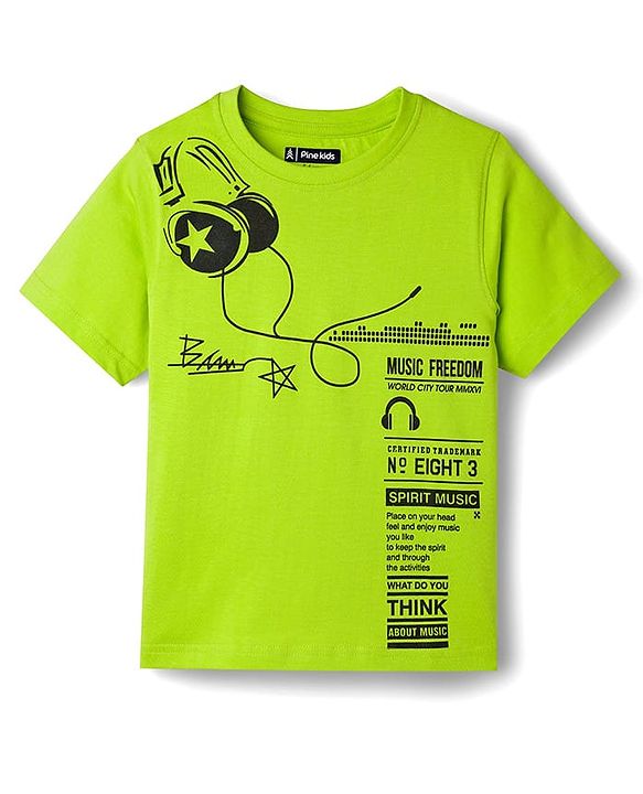 Pine Kids Cotton Knit Half Sleeves T-Shirt With Headphones Print - Limegreen