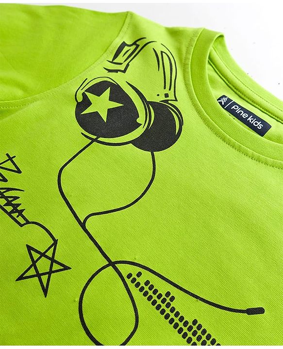 Pine Kids Cotton Knit Half Sleeves T-Shirt With Headphones Print - Limegreen