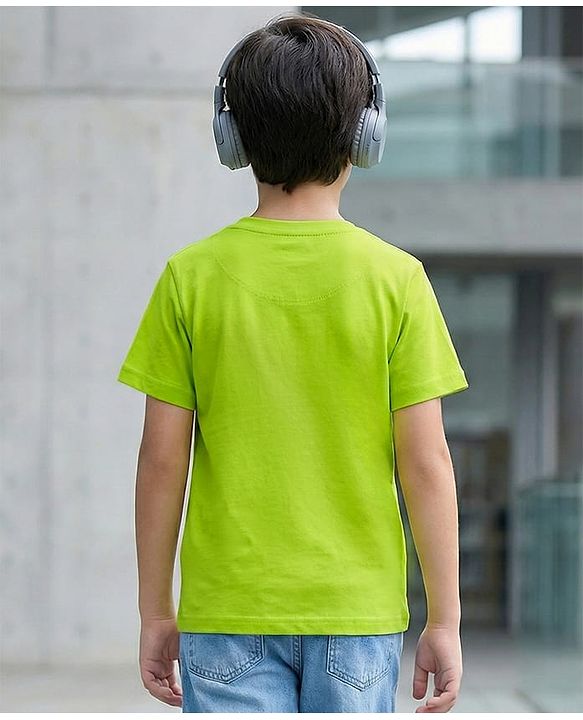 Pine Kids Cotton Knit Half Sleeves T-Shirt With Headphones Print - Limegreen
