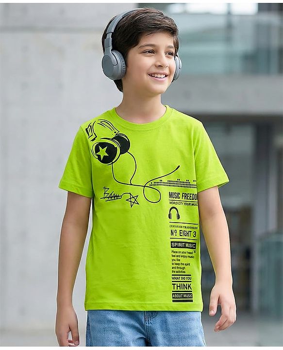 Pine Kids Cotton Knit Half Sleeves T-Shirt With Headphones Print - Limegreen