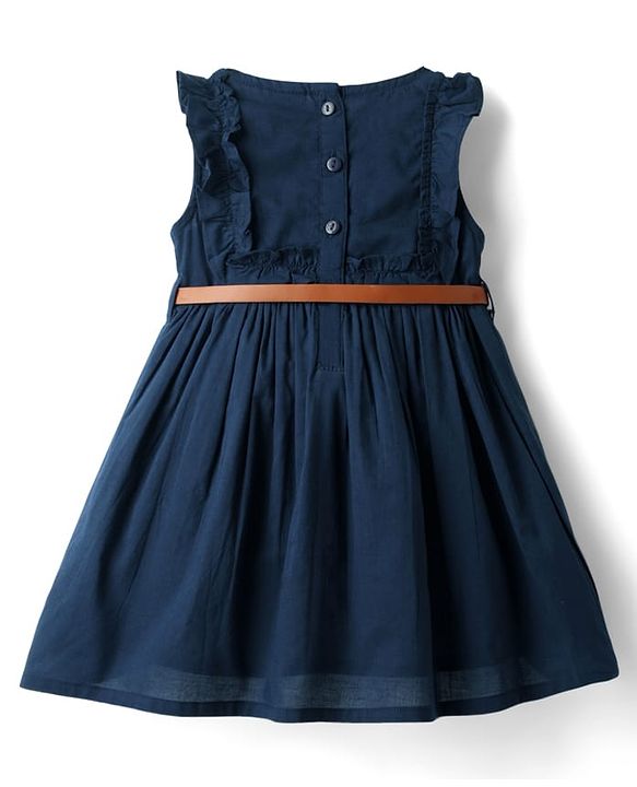 Babyhug Cotton Woven Sleeveless Solid Frock With Belt - Navy Blue