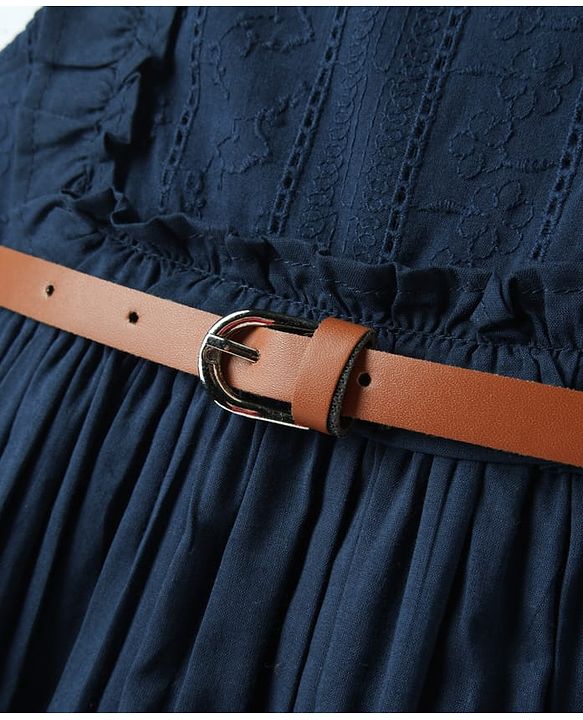 Babyhug Cotton Woven Sleeveless Solid Frock With Belt - Navy Blue