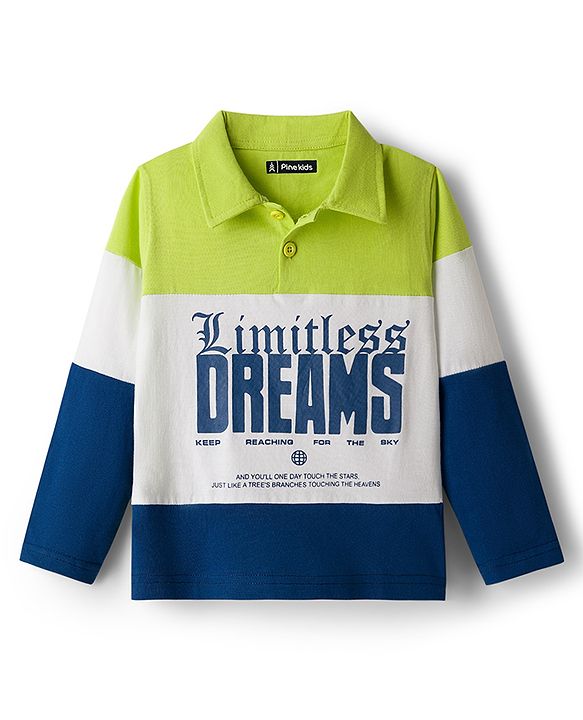 Pine Kids Cotton Knit Full Sleeves Polo T-Shirt with Limitless Dreams Text Print - Navy Blue & White