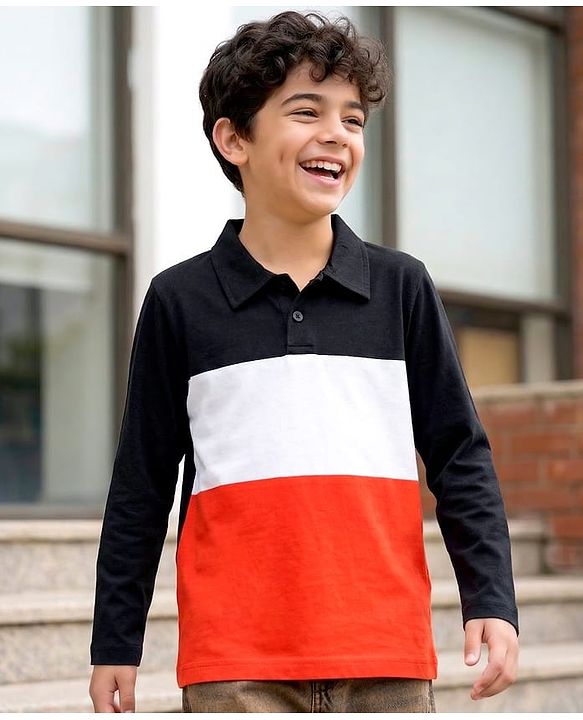 Pine Kids Cotton Knit Full Sleeves Cut & Sew Polo T-Shirt  - Black Orange & White