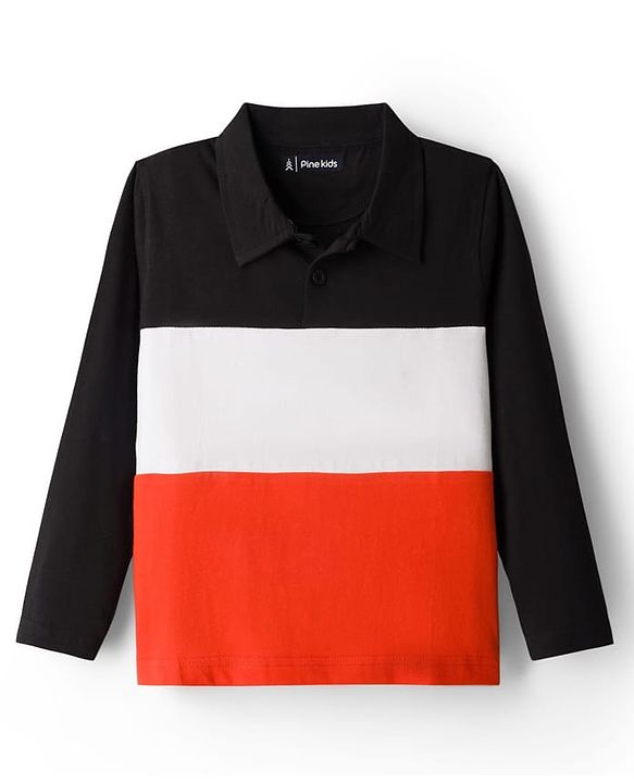 Pine Kids Cotton Knit Full Sleeves Cut & Sew Polo T-Shirt  - Black Orange & White