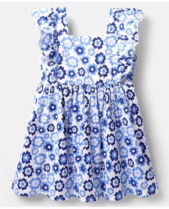 Babyhug Cotton Knit Frill Sleeves Frock With Floral Print - Blue