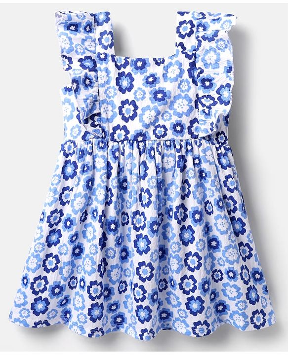 Babyhug Cotton Knit Frill Sleeves Frock With Floral Print - Blue