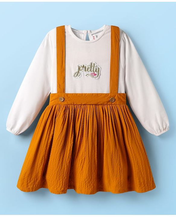 Babyhug Cotton Woven Full Sleeves Frock Pretty Embroidery - Mustard & White