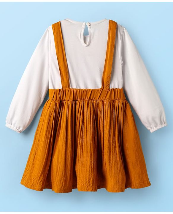 Babyhug Cotton Woven Full Sleeves Frock Pretty Embroidery - Mustard & White