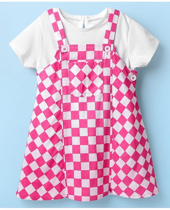Babyhug Cotton Woven Checks Frock With Half Sleeves Inner Tee - Pink & White
