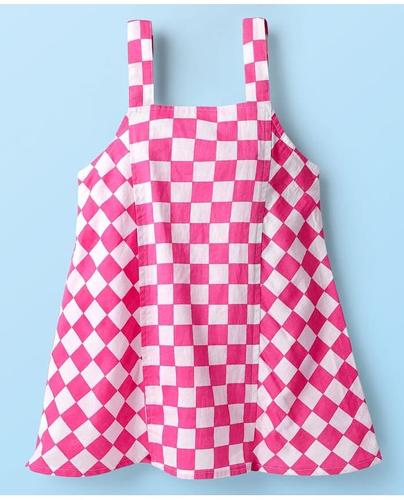 Babyhug Cotton Woven Checks Frock With Half Sleeves Inner Tee - Pink & White