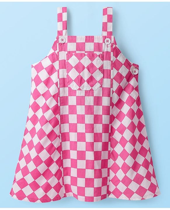 Babyhug Cotton Woven Checks Frock With Half Sleeves Inner Tee - Pink & White