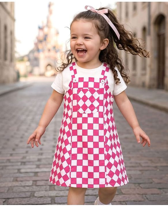 Babyhug Cotton Woven Checks Frock With Half Sleeves Inner Tee - Pink & White