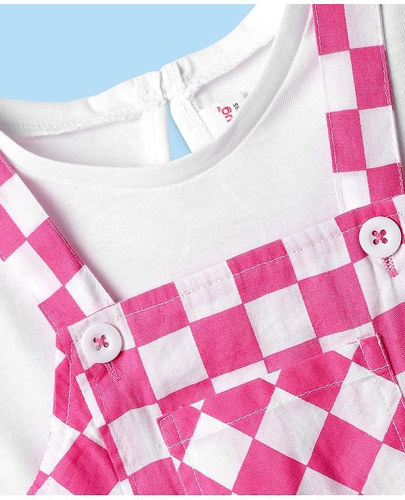 Babyhug Cotton Woven Checks Frock With Half Sleeves Inner Tee - Pink & White