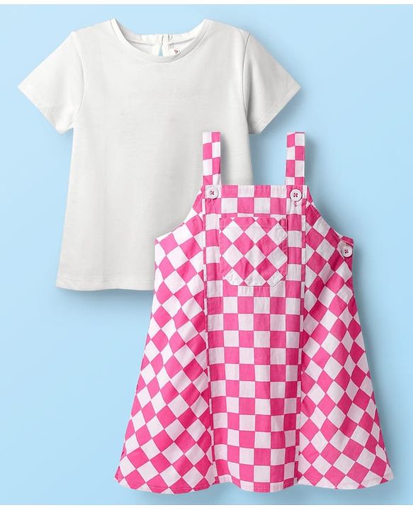 Babyhug Cotton Woven Checks Frock With Half Sleeves Inner Tee - Pink & White