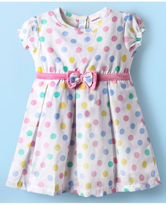 Babyhug 100% Cotton Woven Half Puffed Sleeves Frock With Polka Dots Print & Bow Applique - White