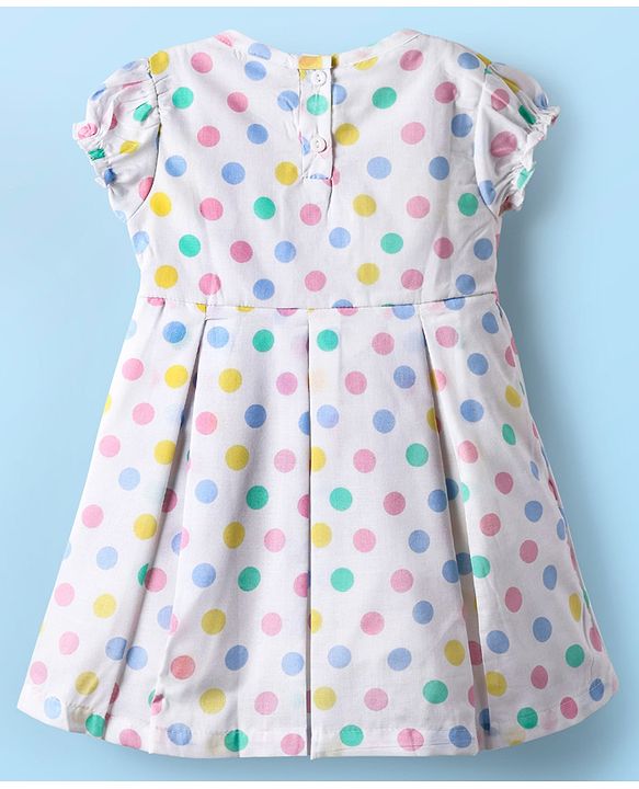 Babyhug 100% Cotton Woven Half Puffed Sleeves Frock With Polka Dots Print & Bow Applique - White
