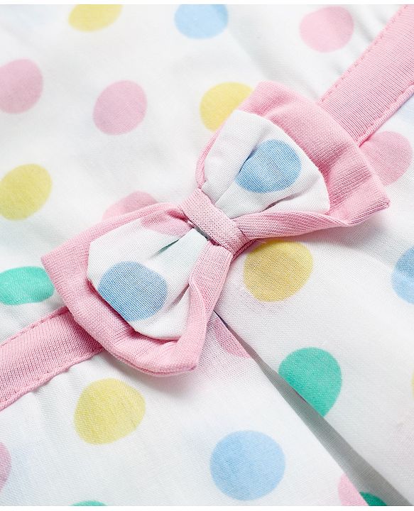 Babyhug 100% Cotton Woven Half Puffed Sleeves Frock With Polka Dots Print & Bow Applique - White