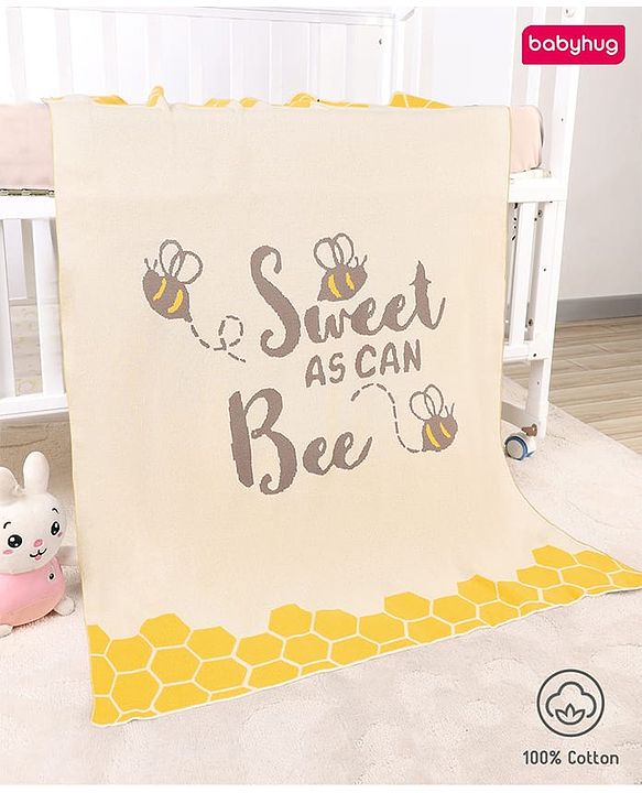 Babyhug Premium Cotton Knitted Blanket Sweet HoneyBee Print   - Yellow