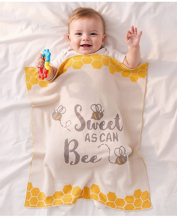 Babyhug Premium Cotton Knitted Blanket Sweet HoneyBee Print   - Yellow