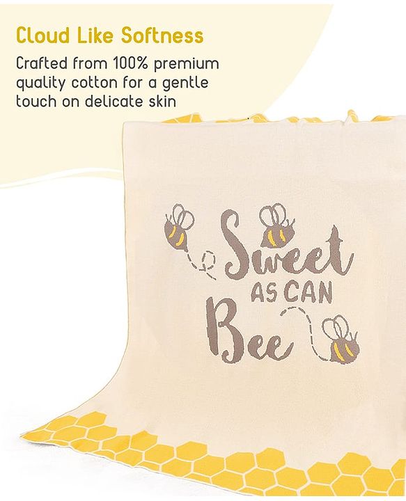 Babyhug Premium Cotton Knitted Blanket Sweet HoneyBee Print   - Yellow
