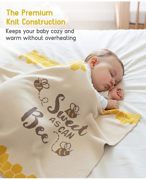 Babyhug Premium Cotton Knitted Blanket Sweet HoneyBee Print   - Yellow