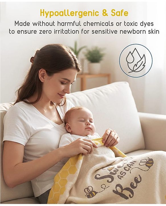 Babyhug Premium Cotton Knitted Blanket Sweet HoneyBee Print   - Yellow
