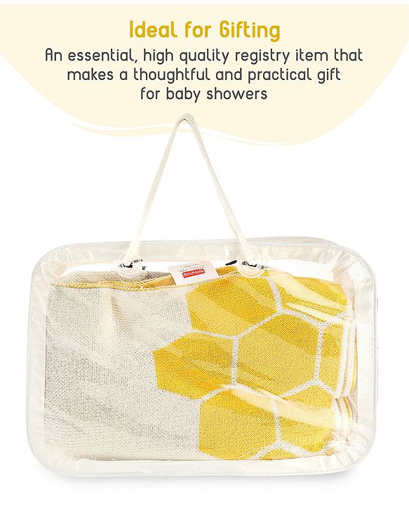 Babyhug Premium Cotton Knitted Blanket Sweet HoneyBee Print   - Yellow