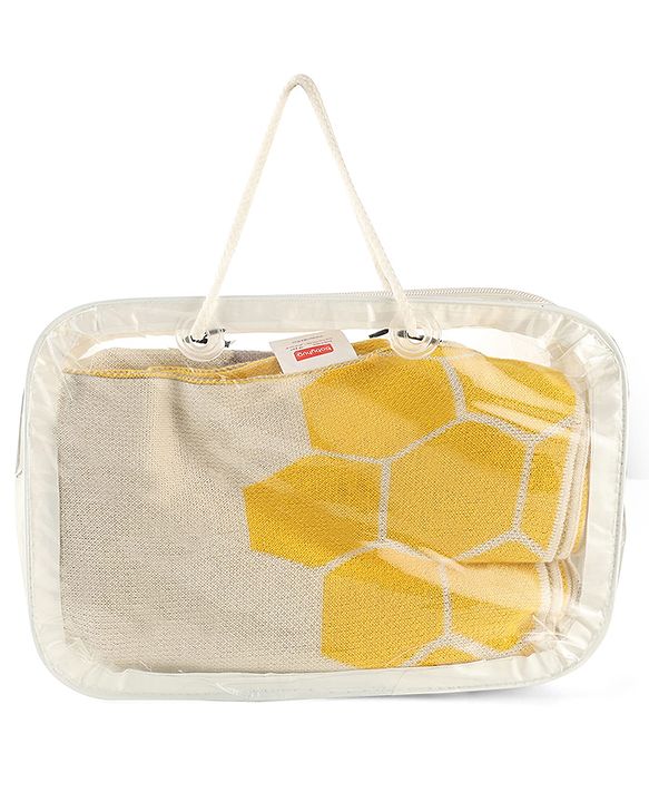 Babyhug Premium Cotton Knitted Blanket Sweet HoneyBee Print   - Yellow