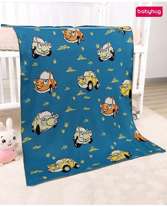 Babyhug Premium Cotton Knitted Blanket Sweet HoneyBee Print   - Yellow