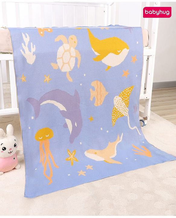 Babyhug Premium Cotton Knitted Blanket Sweet HoneyBee Print   - Yellow