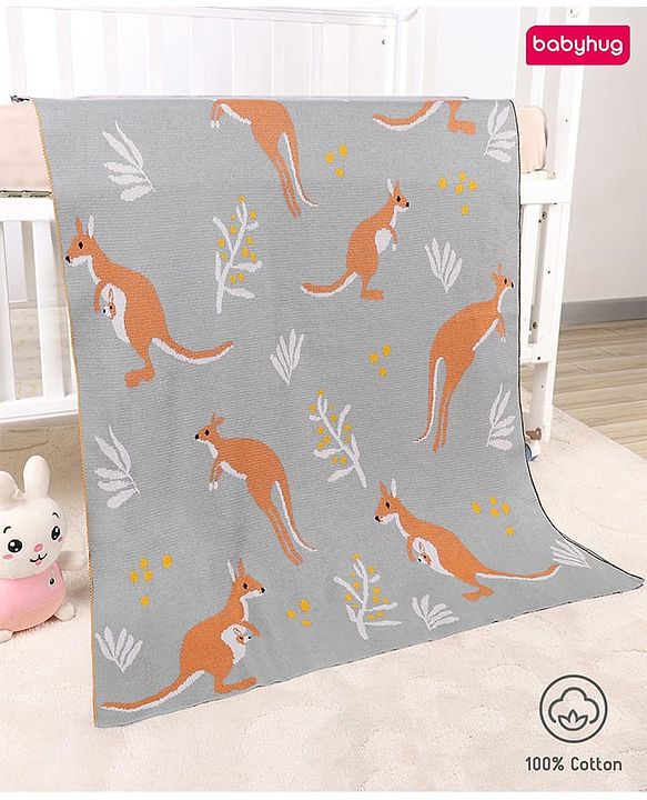 Babyhug Premium Cotton Knitted Blanket Sweet HoneyBee Print   - Yellow