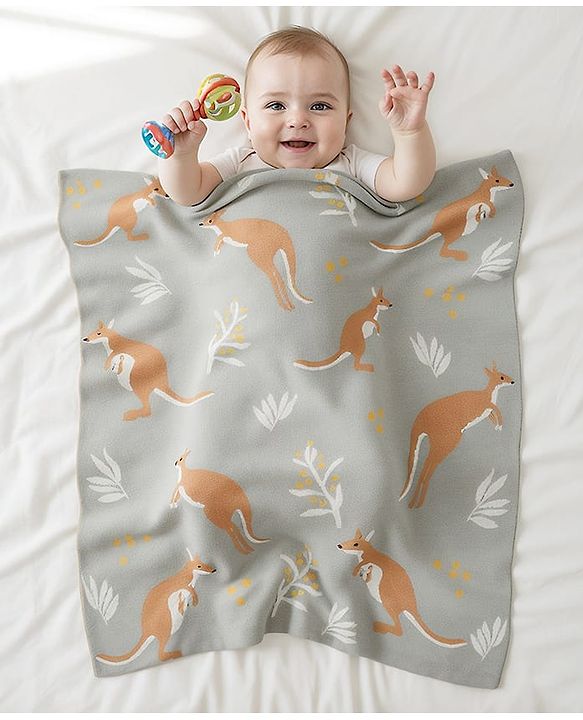 Babyhug Premium Cotton Knitted Blanket Sweet HoneyBee Print   - Yellow