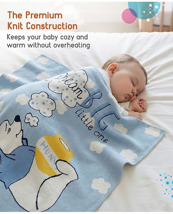 Babyhug Premium Cotton Knitted Blanket Sweet HoneyBee Print   - Yellow