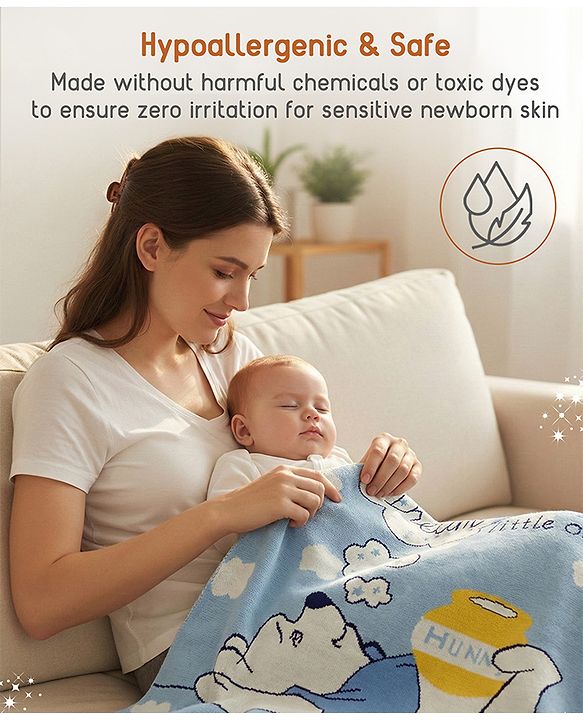 Babyhug Premium Cotton Knitted Blanket Sweet HoneyBee Print   - Yellow