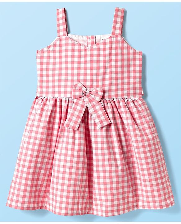 Babyhug Cotton Woven Half Sleeves Frock With Checks Print & Bow Applique - Pink