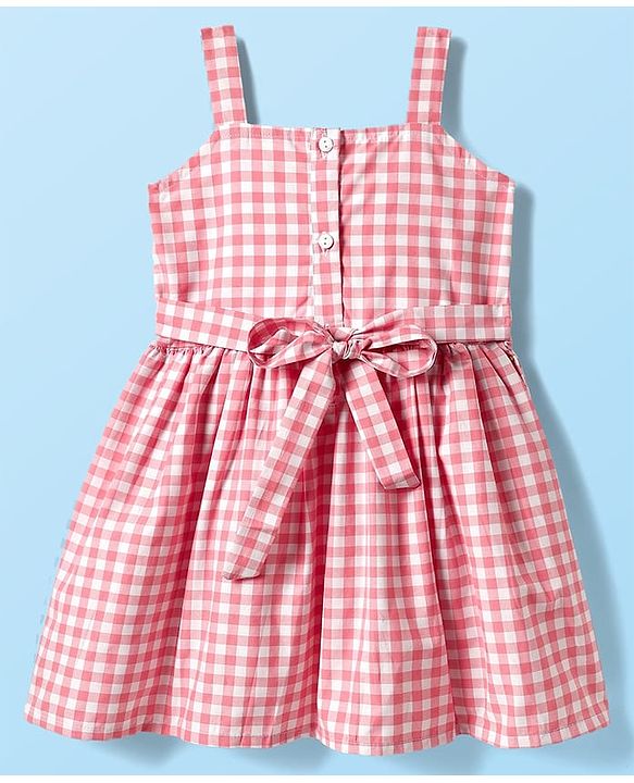 Babyhug Cotton Woven Half Sleeves Frock With Checks Print & Bow Applique - Pink