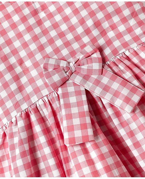 Babyhug Cotton Woven Half Sleeves Frock With Checks Print & Bow Applique - Pink