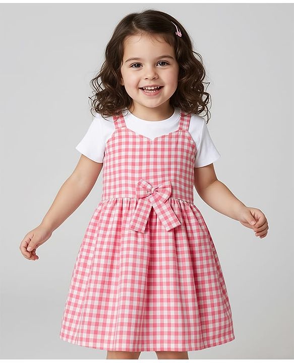 Babyhug Cotton Woven Half Sleeves Frock With Checks Print & Bow Applique - Pink