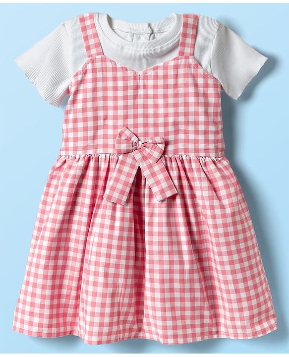 Babyhug Cotton Woven Half Sleeves Frock With Checks Print & Bow Applique - Pink